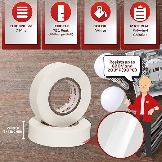 Xfasten Electrical Tape White 3/4 Inch x 66 Feet 12-Pack (792 Feet Total) UL/CSA Listed High Temp Residue-free Vinyl Automotive Electric Tape Waterproof (White, 3/4 Inch x 66ft (12-Pack 792 ft Total))