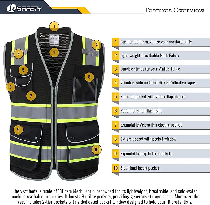 JKSafety 9 Pockets Hi-Vis Black Safety Vest for Men Women High Visibility Reflective Construction Mesh Fabric Cushioned Collar Work Utility PPE Work Gear ANSI/ISEA compliant(101-Black XXL)