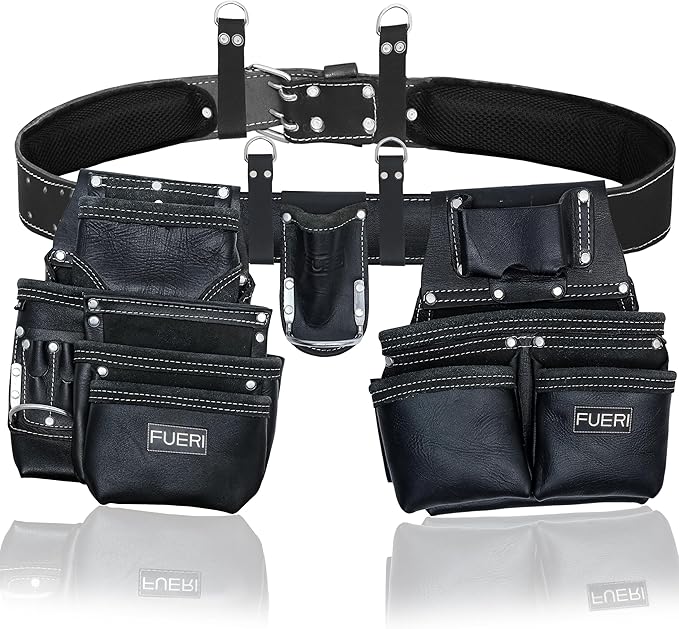 Heavy Duty 19 Pocket Leather Tool Belt Multipurpose Pockets Work Organizer Pouch Framing Fat Lip Tool Holder for Carpenter, Construction, Handyman, and Electrician Tool Belt Set