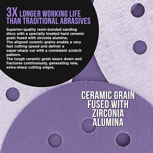 Dura-Gold Premium 220 Grit 5" Purple Film Ceramic Sanding Discs, 8-Hole Pattern, Box of 50 - Dustless Hook & Loop Backing Sandpaper for DA & Random Orbital Sanders - Sand Auto Paint, Wood, Woodworking