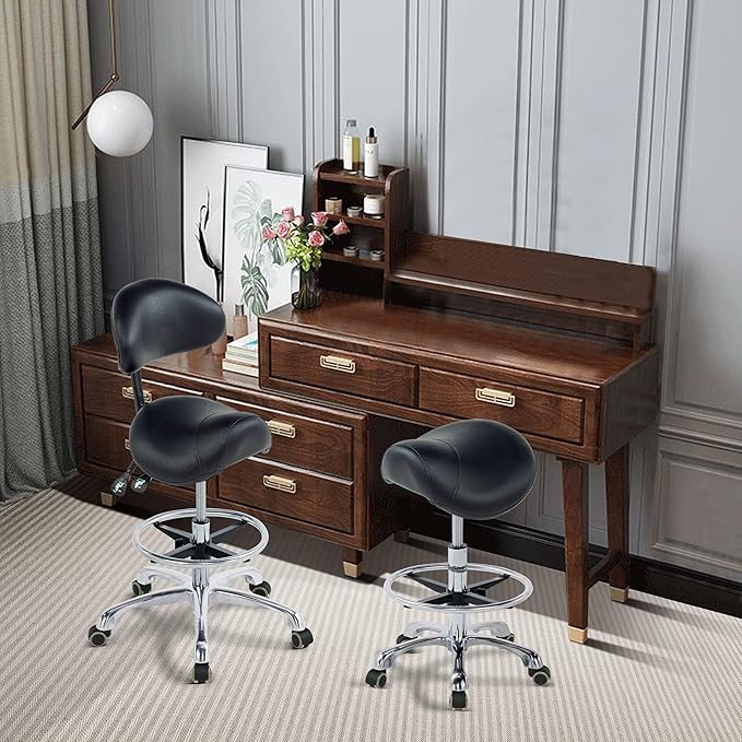 Grace&Grace Ergonomic Rolling Saddle Stool Chair with Wheels Adjustable Swivel Stool with Back and Footrest Heavy Duty for Esthetician, Artist, Dental, Medical, Spa, Salon, Cutting, Home Office