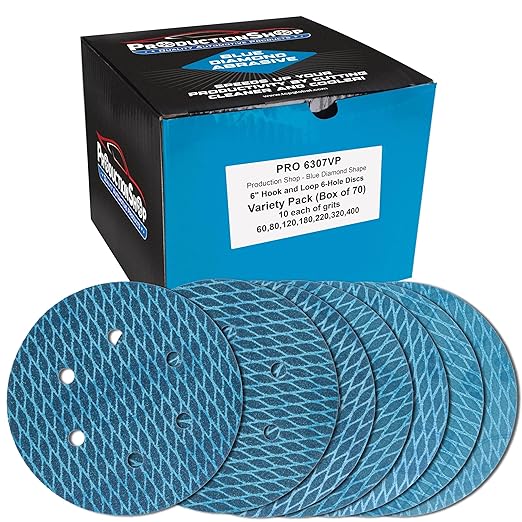 Premium 6" Rhombus Diamond Shape Blue Sanding Discs, 6-Hole, 70 Disc Variety Pack, Grits 60, 80, 120, 150, 180, 220, 320, 400 - Hook & Loop Sandpaper, Random Orbital Sanders, Metal Wood