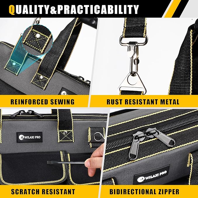 20 in Tool Bag For Men with Waterproof Molded Base, High Capacity Wide Mouth Tote, Construction Worker Electricians Tool Bags, Large Tool Bag Organizer for Men Women (Grey)
