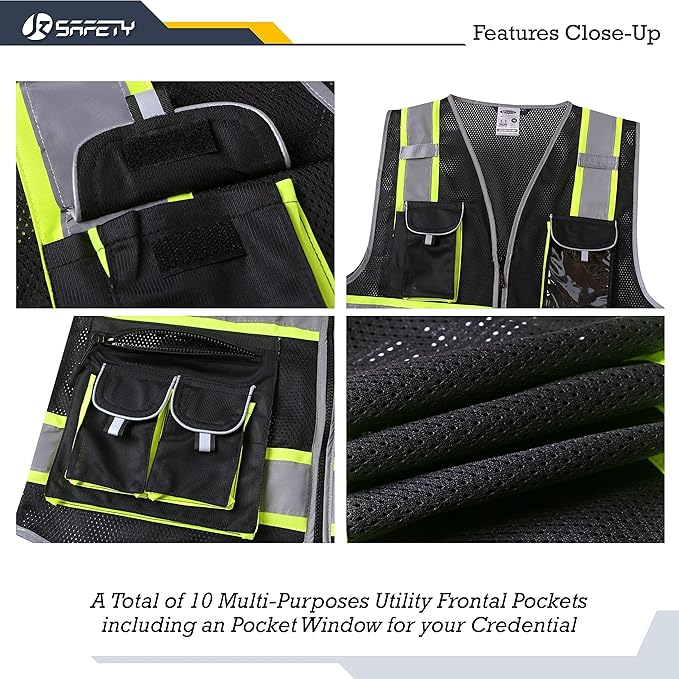 JKSafety 10 Pockets Hi-Vis Neon Color Frontal Zipper Mesh Safety Vest for Men Women Safety Utility for works Comply to ANSI/ISEA Standards (86-Black 3XL)