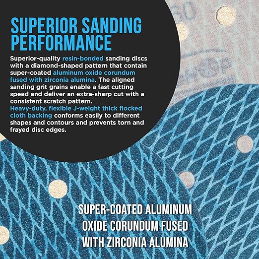 Premium 120 Grit 6" Rhombus Diamond Shape Blue Sanding Discs, 6-Hole, Box of 50 - Hook & Loop Anti-Clogging J-Cloth Dustless Sandpaper for Random Orbital Sanders, Sand Auto Paint, Wood