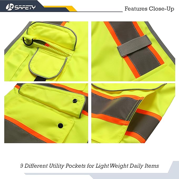 JKSafety 9 Pockets Hi-Vis Neon Yellow Color Zipper Front Safety Vest with Fluorescent Orange Extend Edge outlining the Reflective Tapes Meet ANSI/ISEA Class 2 Standard (901-Yellow, Medium)
