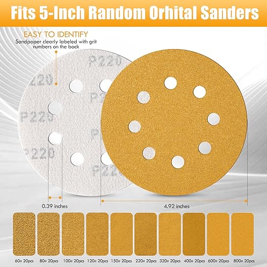 Maxdot 200 Pcs 5 Inch Sanding Discs 8-Hole Hook and Loop Gold Sandpaper Mixed Grits, 60, 80, 100, 120, 150, 220, 320, 400, 600, 800 for Random Orbit Sander