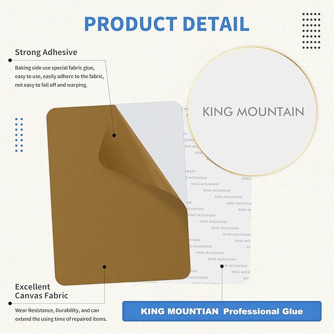 KING MOUNTAIN Canvas Repair Patch 9 x11 Inch 2 Pcs Self-Adhesive Waterproof Fabric Patch for Sofas, Tents, Furniture,Tote Bags, Car Seats (Yellow Brown)