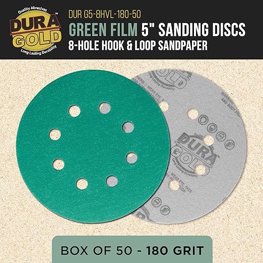 Dura-Gold Premium 180 Grit 5" Green Film Sanding Discs, 8-Hole Pattern, Box of 50 - Dustless Hook & Loop Backing Sandpaper for DA & Random Orbital Sanders, Sand Automotive Paint Woodworking Furniture
