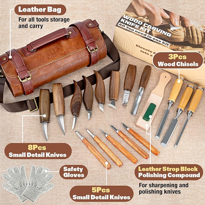 Wood Carving Kit, 20Pcs Wood Carving Tools with Leather Storage Bag, Whittling Kit with 3Pcs Chisels & 8Pcs Whittling Knives & 5 Detail Knives for Beginners and Enthusiasts