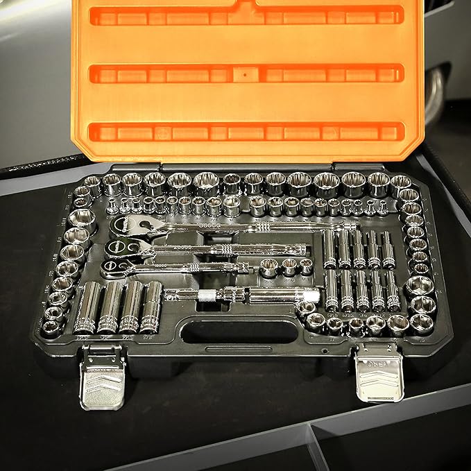 GreatNeck HC82U 82-Piece Mechanic's Tool Set – SAE & Metric, 1/4", 3/8", 1/2" Drive Socket Set, Chrome Vanadium, Posi-Grip No-Slip™, Reversible Ratchets, Storage Case Included