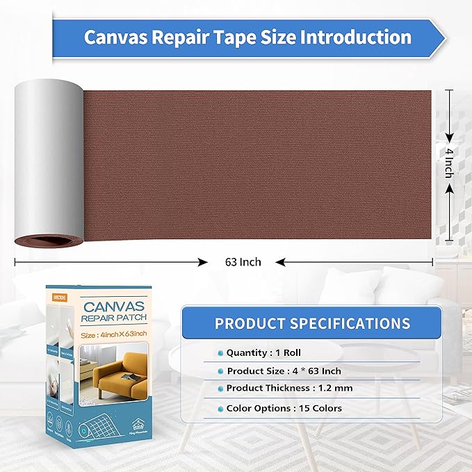 KING MOUNTAIN Canvas Repair Tape,Outdoor Gear Patch, 4×63 Inches,Waterproof,Self-Adhesive for Repairing Boat Covers,Sun Shades,Sofas,Tents,Lounge Chairs,Awnings (Brown)
