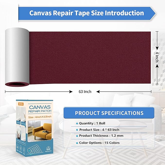 KING MOUNTAIN Canvas Repair Tape,Outdoor Gear Patch, 4×63 Inches,Waterproof,Self-Adhesive for Repairing Boat Covers,Sun Shades,Sofas,Tents,Lounge Chairs,Awnings (Burgundy)