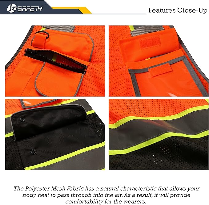 JKSafety 9 Pockets Class 2 High Visibility Dual Color Zipper Front MESH Lite Safety Vest | Yellow Color Triming Reflective Strip | ANSI/ISEA Standards (100-Orange-Black,3XL)