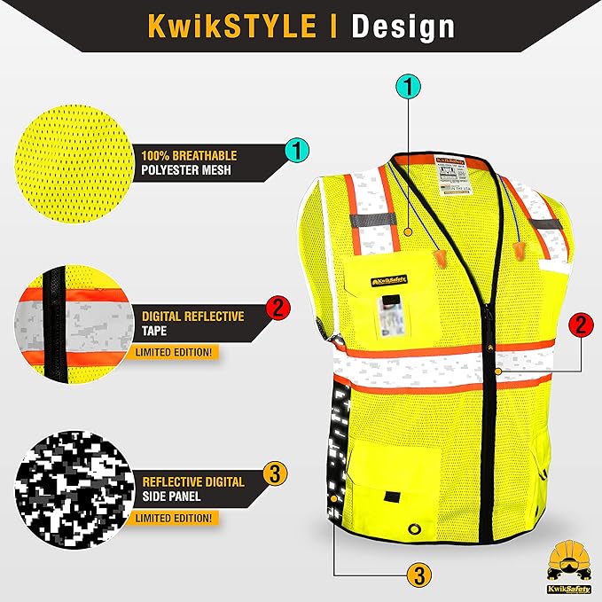 KwikSafety - BIG KAHUNA DIGITAL Safety Vest [LIMITED EDITION] Class 2 ANSI OSHA Reflective Vest Durable High Visibility Vest Construction Safety Vest for Men Industrial Work Gear/Yellow Large