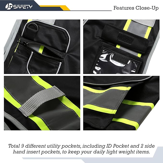 JKSafety 9 Pockets Hi-Vis Black Color Zipper Front Safety Vest Fluorescent Yellow Strips outlining the Reflective Tapes ANSI/ISEA Class 1 (901-Black, 3X-Large)