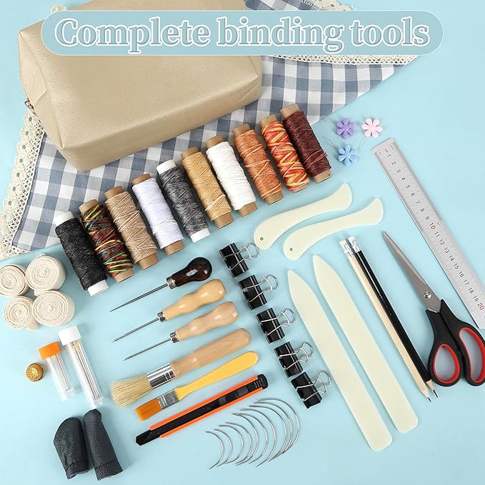 65 Pcs Bookbinding Tools Kit with Bone Folder, Waxed Thread, Binding Ribbon, Glue Brush, Awl, Needles, Ruler, Storage Bag, and More for DIY Bookbinding, Paper Crafts, and Book Repair