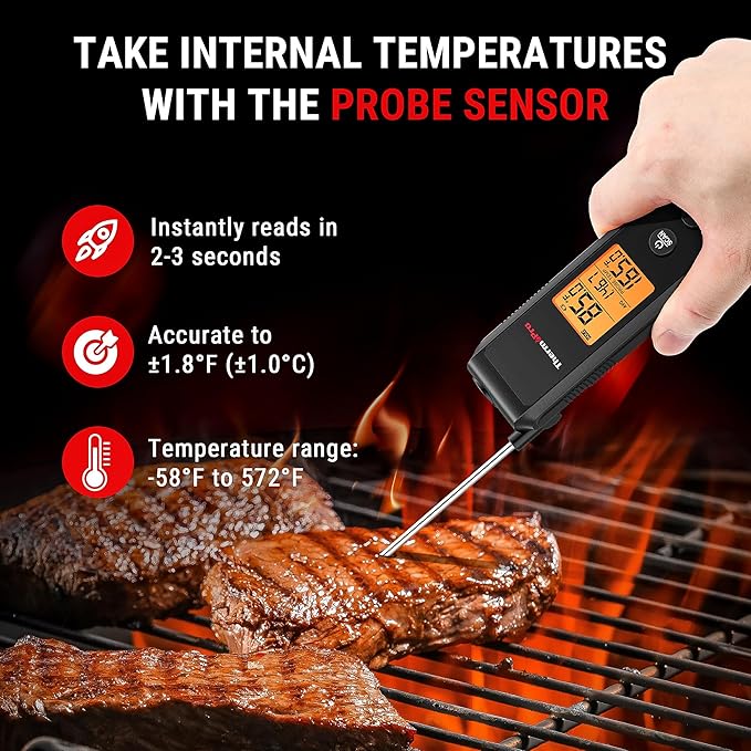 ThermoPro TP420 2-in-1 Instant Read Thermometer for Cooking, Infrared Thermometer Cooking Thermometer with Meat Probe, Non-Contact Laser Meat Thermometer for Griddle Grill Pizza Oven HVAC Pool, Black
