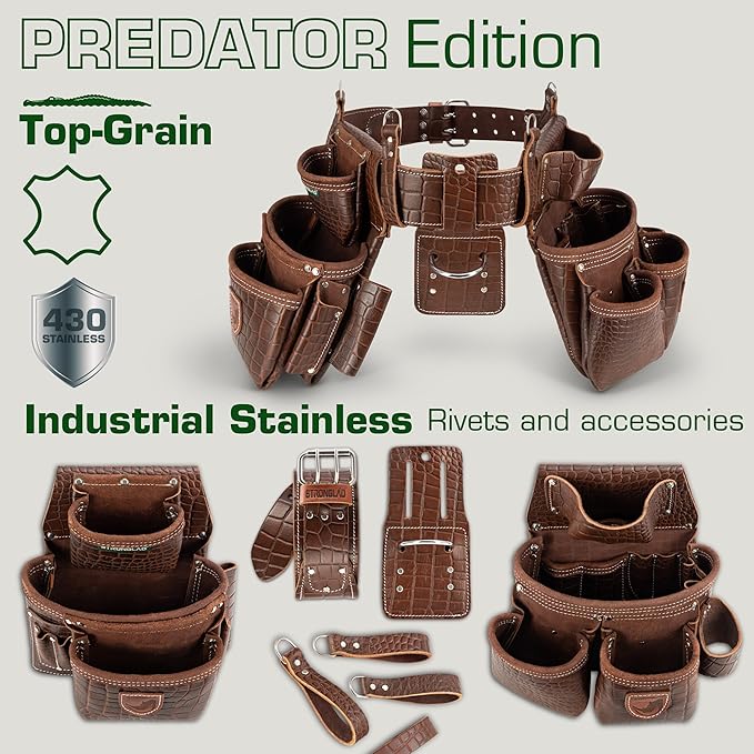 STRONGLAD Leather Carpenter Tool Belt - Top-Grain with 21 Pockets-Heavy Duty Framing Tool Belt & Carpenter Bags for Construction PR1000