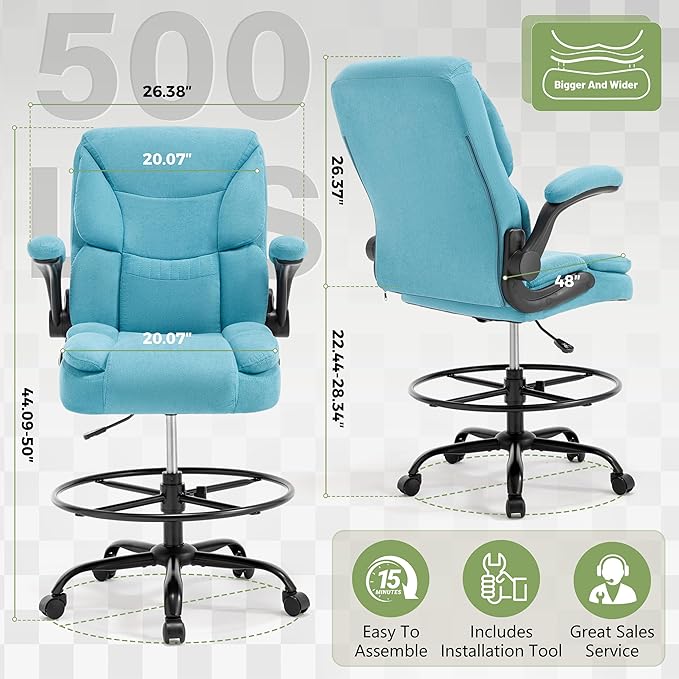 500LBS Drafting Chair, High Back Safer Standing Desk Chair, Executive Tall Office Chair with Flip-up Armrests, Upholstered Fabric Task Chair, Ergonomic Seat with Adjustable Height&Foot Ring, Blue