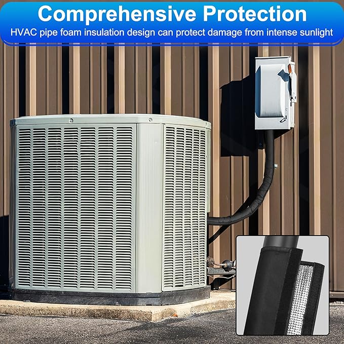 3 Layers HVAC Copper Pipe Insulation Cover Protector,Flexible AC Copper Line Insulation Sleeve,600D Oxford 72x10.2 Inch AC Pipe Insulation Wrap for Outside Central Air Conditioning Splits Black