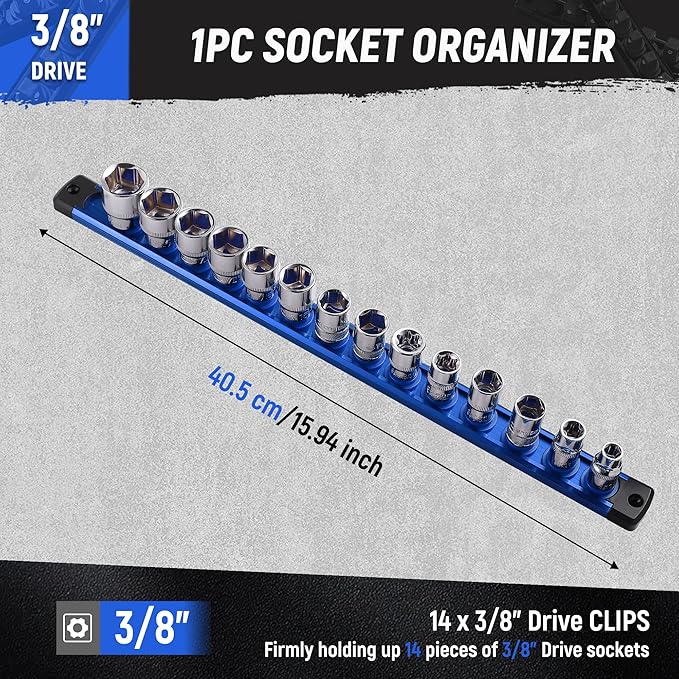 ALOANES Magnetic Socket Organizer, 3/8-Inch Drive Aluminum Socket Holder Socket Tray, Heavy Duty Socket Rail Organizer for Tool Box Drawer, 360°Swivel Clips Socket Rack 3/8-Inch x 14 Clips (Blue)
