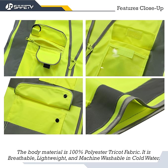 JKSafety 9 Pockets Class 2 High Visibility Zipper Front 6 Pack Safety Vest With Reflective Strips,Meets ANSI/ISEA Standard (155 Yellow XL)
