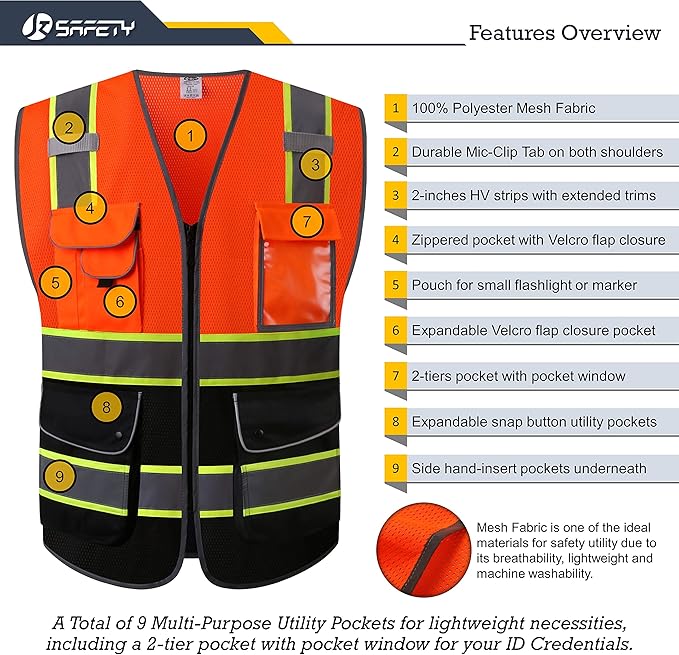 JKSafety 9 Pockets Class 2 High Visibility Dual Color Zipper Front MESH Lite Safety Vest | Yellow Color Triming Reflective Strip | ANSI/ISEA Standards (100-Orange-Black, XXL)