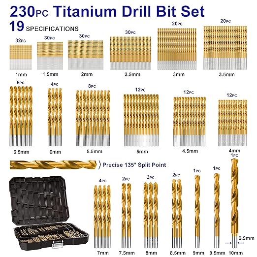 Metric 230 Pieces Titanium Twist Drill Bit Set, 135° Tip High Speed Steel, Size from 1mm up to 10mm, Ideal Drilling in Wood/Cast Iron/Aluminum Alloy/Plastic/Fiberglass, with Hard Storage