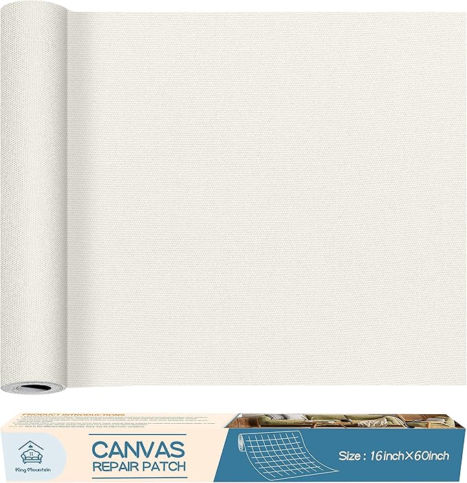 KING MOUNTAIN Canvas Repair Patch 16×60 Inch Self-Adhesive Waterproof Fabric Patch for Sofas, Tents, Furniture,Tote Bags, Car Seats (Off White)