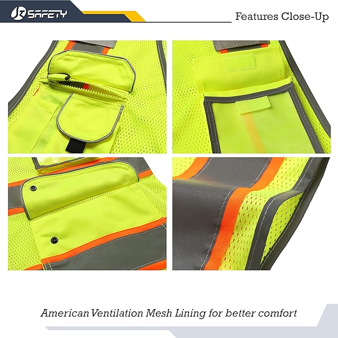 JKSafety 9 Pockets Hi-Vis Neon Yellow Zipper Front MESH Safety Vest with Fluorescent Orange Extend Edge outlining the Reflective Tapes Meet ANSI/ISEA Class 2 Standard (100-Yellow, 5XL)