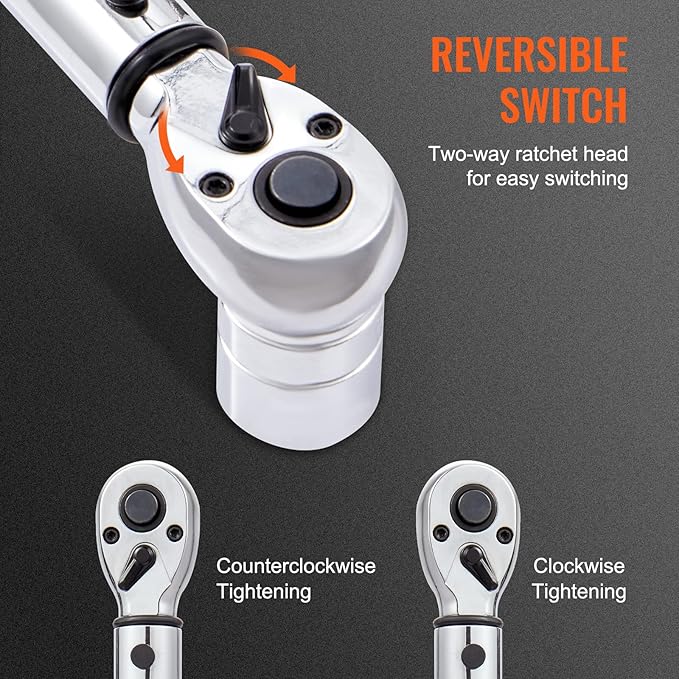 VEVOR 1/2-inch Drive Click Torque Wrench 25-250ft.lb/34-340n.m, Dual-Direction Adjustable Torque Wrench Set, Mechanical Dual Range Scales Torque Wrench Kit with Adapters Extension Rod