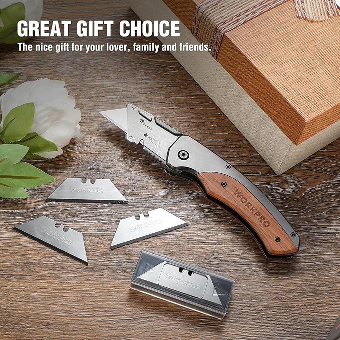 WORKPRO Folding Utility Knife, Quick-Change Box Cutter with Stainless Steel Head & Liner Lock, Wood Handle Razor Knife and Extra 10PC SK5 Blades