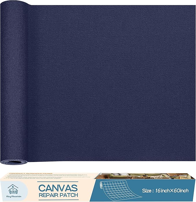 KING MOUNTAIN Canvas Repair Patch 16×60 Inch Self-Adhesive Waterproof Fabric Patch for Sofas, Tents, Furniture,Tote Bags, Car Seats (Dark Blue)