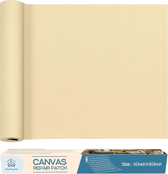 KING MOUNTAIN Canvas Repair Patch 16×60 Inch Self-Adhesive Waterproof Fabric Patch for Sofas, Tents, Furniture,Tote Bags, Car Seats (Beige)