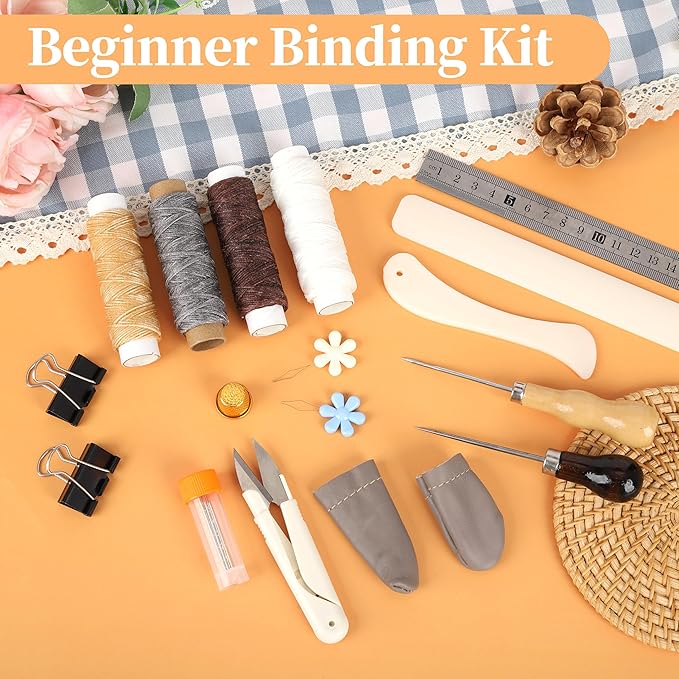 39 Pcs Bookbinding Tools Kit with Bone Folder, Waxed Thread, Binding Ribbon, Glue Brush, Awl, Needles, Ruler for DIY Bookbinding, Paper Crafts, and Book Repair