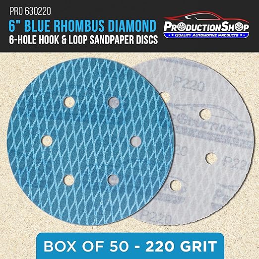 Premium 220 Grit 6" Rhombus Diamond Shape Blue Sanding Discs, 6-Hole, Box of 50 - Hook & Loop Anti-Clogging J-Cloth Dustless Sandpaper for Random Orbital Sanders, Sand Auto Paint, Wood