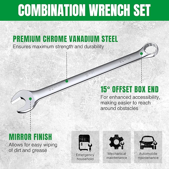 SK Long Pattern Combination Wrench Set, Metric 25 to 32mm, 6-Piece, SuperKrome Finish, Premium CR-V Construction, with Rolling Pouch