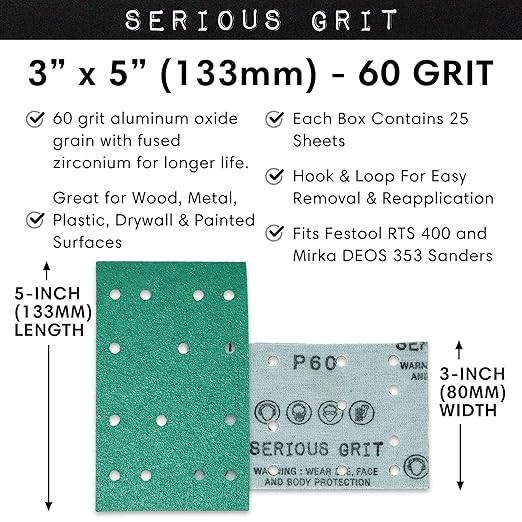 3" x 5" (80mm x 133mm) 14-Hole 60 Grit Sanding Sheets - Fits Festool RTS 400 & Mirka Deos 353 - Heavy-Duty Hook & Loop Film Abrasives - Sandpaper for Sheet Sanders - 25 Pack Box
