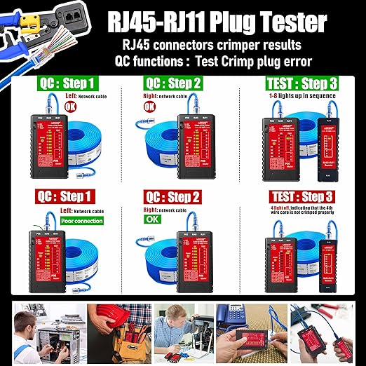 NF-468S RJ45 Network Cable Tester for CAT5, CAT5E, CAT6, CAT6A, Cat7 POE Test UTP/STP Cable Checker Telephone Line CAT3 Cable Mapper Network Tools (Professional Grade)