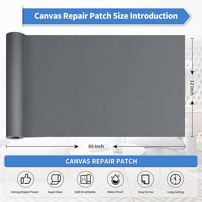 KING MOUNTAIN Canvas Repair Tape,Outdoor Gear Patch, 12×60 Inches,Waterproof,Self-Adhesive for Repairing Boat Covers,Sun Shades,Sofas,Tents,Lounge Chairs,Awnings (Charcoal Grey)