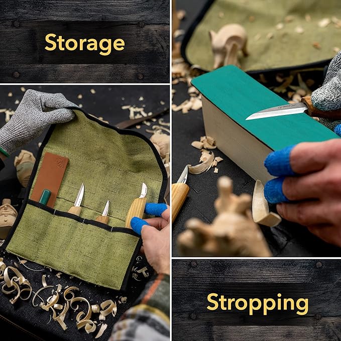 BeaverCraft Wood Carving Knife Kit S15 Whittling Kit for Beginners, Kids - Wood Carving Tools Set with Detail Chip Knife Sloyd Whittling Knives & Leather Strop, Polishing Compound and Tutorials