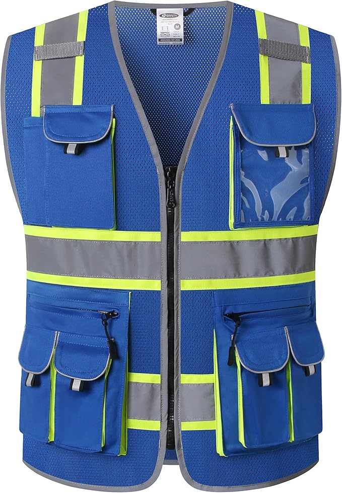 JKSafety 10 Pockets Hi-Vis Neon Color Frontal Zipper Mesh Safety Vest for Men Women Safety Utility for works Comply to ANSI/ISEA Standards (86-Blue XXL)