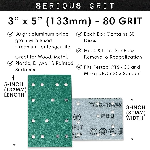 3" x 5" (80mm x 133mm) 14-Hole 80 Grit Sanding Sheets - Fits Festool RTS 400 & Mirka Deos 353 - Heavy-Duty Hook & Loop Film Abrasives - Sandpaper for Sheet Sanders - 50 Pack Box
