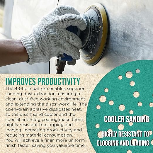 Dura-Gold Premium 80 Grit 6" Green Film Sanding Discs, 49-Hole Pattern, Box of 50 - Heavy-Duty Dustless Hook & Loop Backing Sandpaper for DA & Random Orbital Sanders, Sand Auto Paint, Wood Furniture
