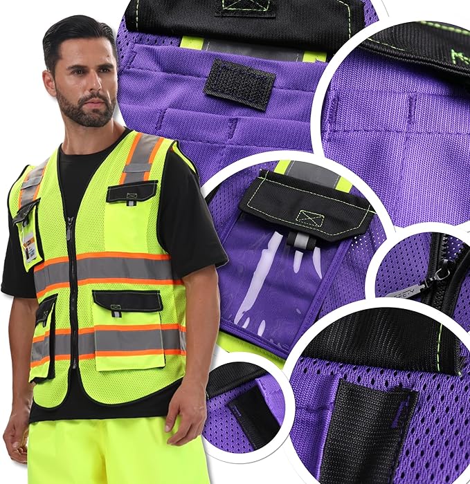 JKSafety Hi Vis Reflective Safety Vests for Men Women High Visibility Vest with Pockets Mesh Fabric Construction Safety Apparel Neon Vest for Work (220-PurpleB 3XL)