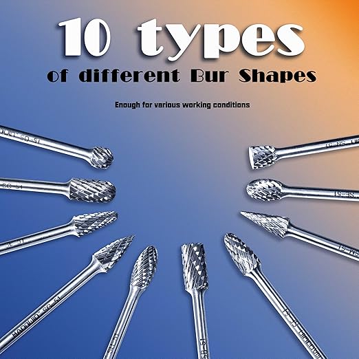Carbide Double Cut Rotary Files Set of 10 PCS 1/4" Cutting Diameter 1/8" Shank Carbide Burrs of Rotary Tools for Metalworking, Wood Carving