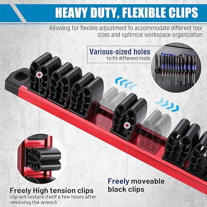 6-Piece Magnetic Socket Organizer Set, Holds Screwdrivers, Wrenches & Sockets, Rail System with Removable End Caps, for 1/4, 3/8, 1/2 Inch Drive Sockets, Tool Organization (Green & Red)