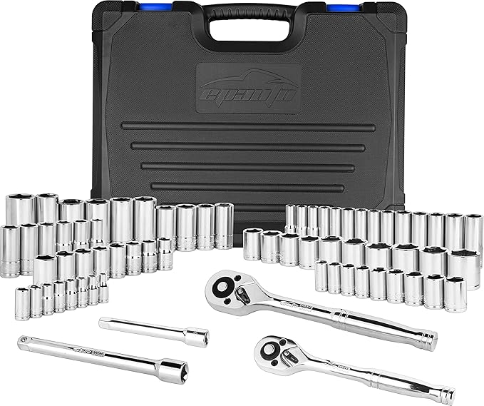 EPAuto 69 Pieces - 1/4" & 3/8" Drive Socket Set with Pear Head Ratchet, Chrome (92-824)