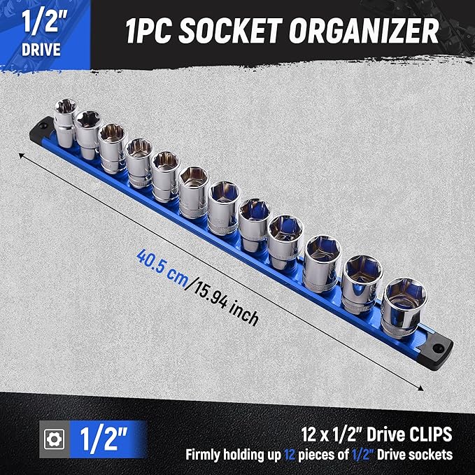 ALOANES Magnetic Socket Organizer, 1/2-Inch Drive Aluminum Socket Holder Socket Tray, Heavy Duty Socket Rail Organizer for Tool Box Drawer, 360°Swivel Clips Socket Rack 1/2-Inch x 12 Clips (Blue)